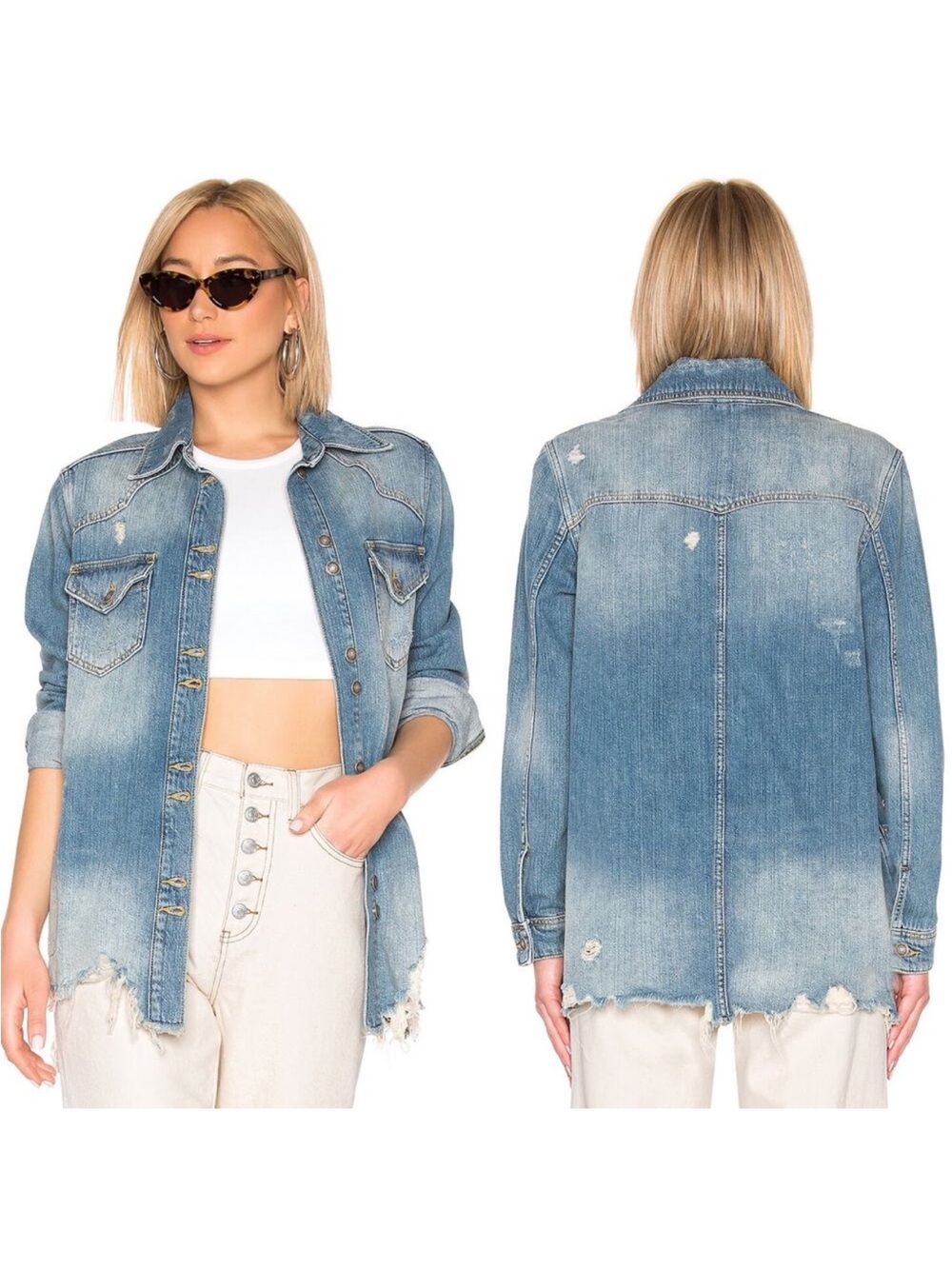 Free People Moon Child Shirt Jacket MED Oversized Raw Hem Country Western Boho